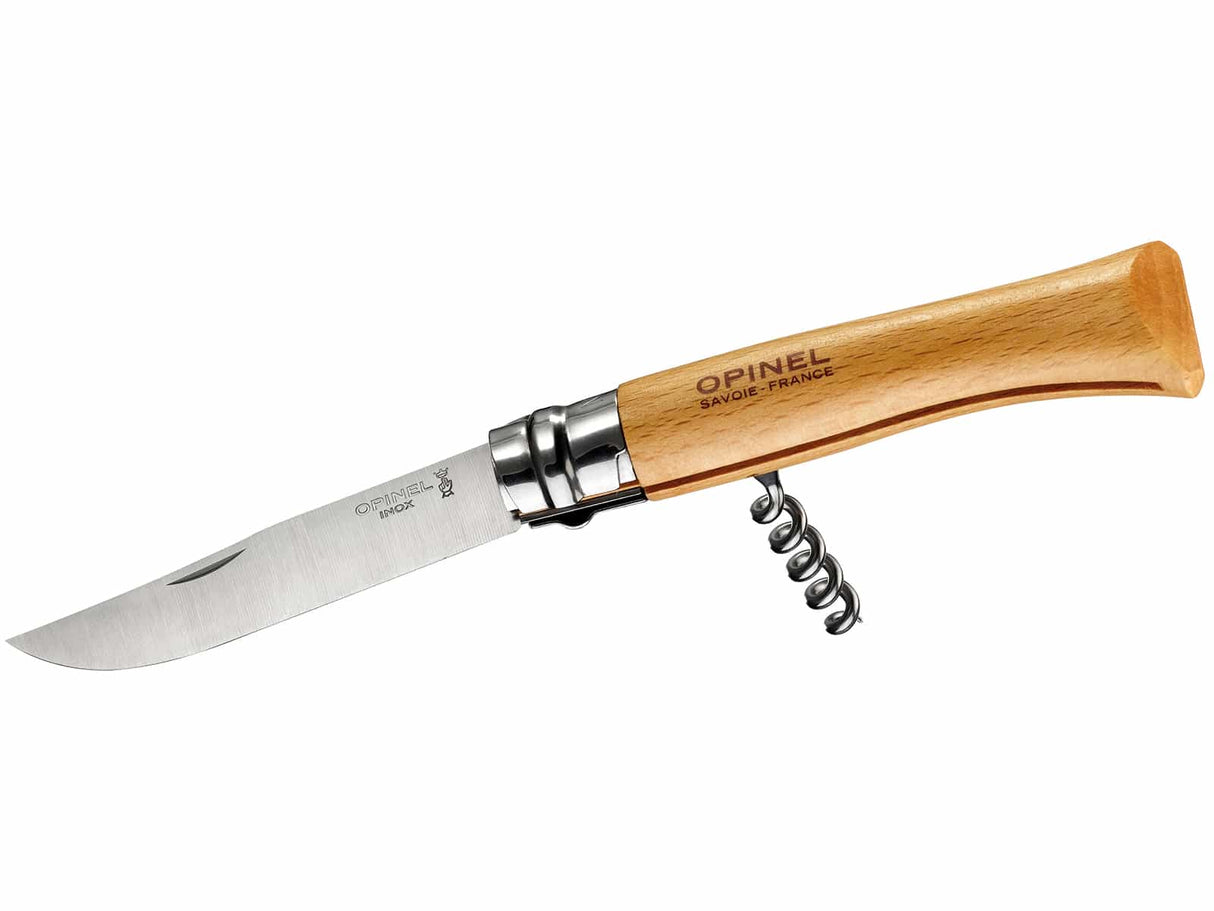 Opinel-Messer, Größe 10, Buchenholz, mit Korkenzieher