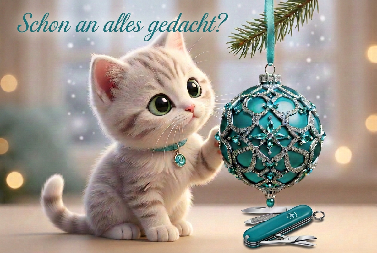 Weihnachtsmotiv mit der korrigierten Textzeile „Schon an alles gedacht?“