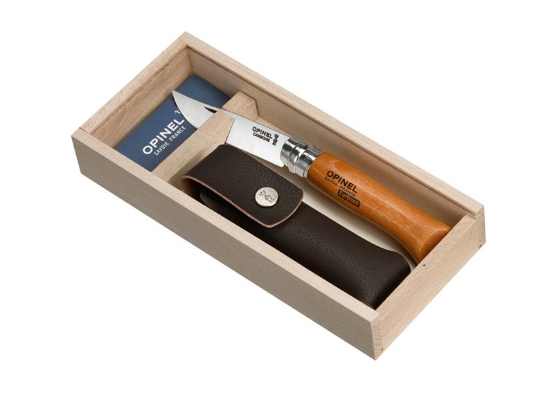 Geschenkset, Opinel Messer Gr. 8, Carbon, Etui, Holzgeschenkbox