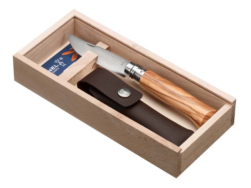 Geschenkset: Opinel Messer Olivenholz, Etui, Geschenkbox